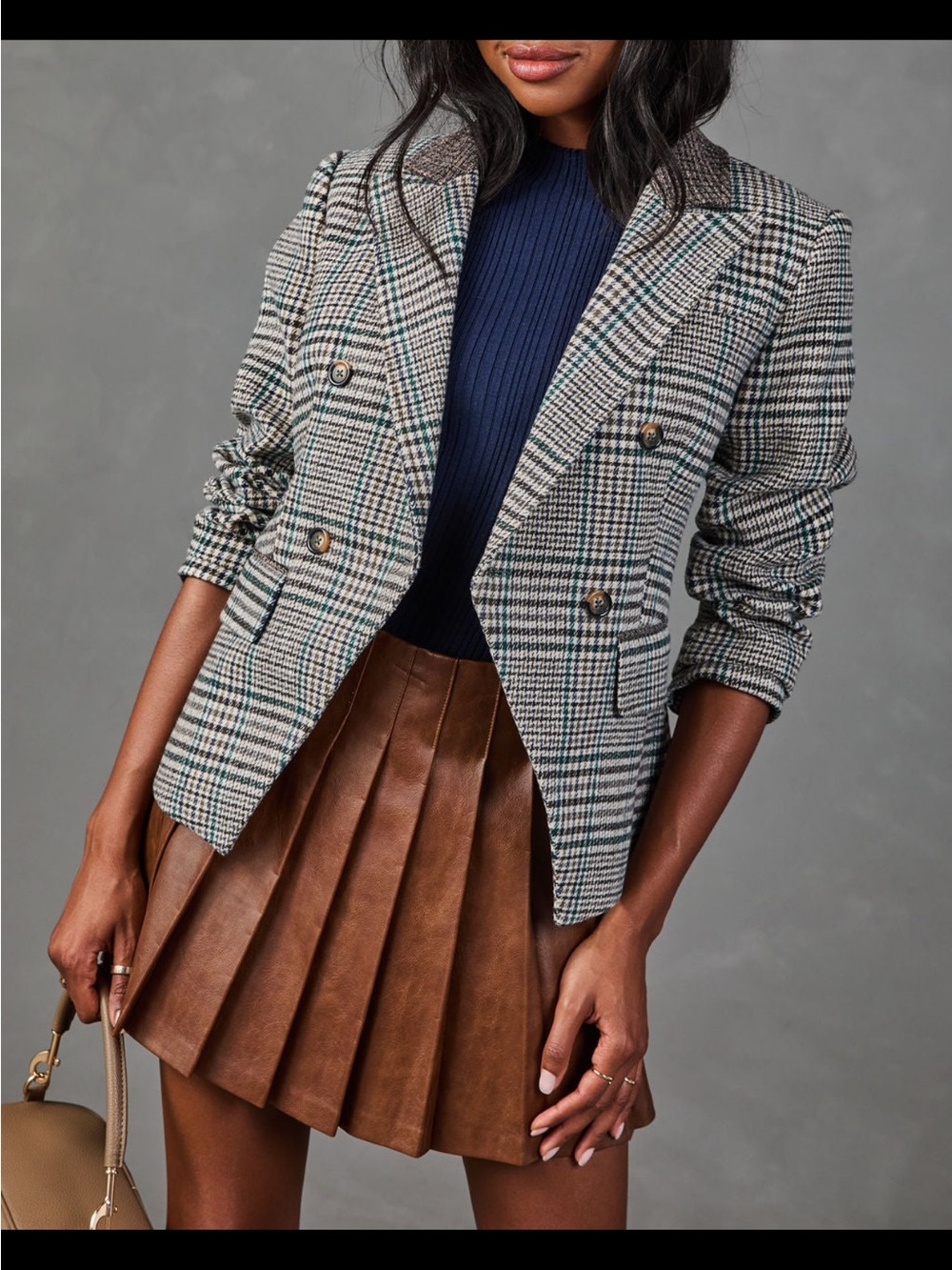 Vici Double-Breasted Glen Plaid Blazer in Navy, Gray, Brown